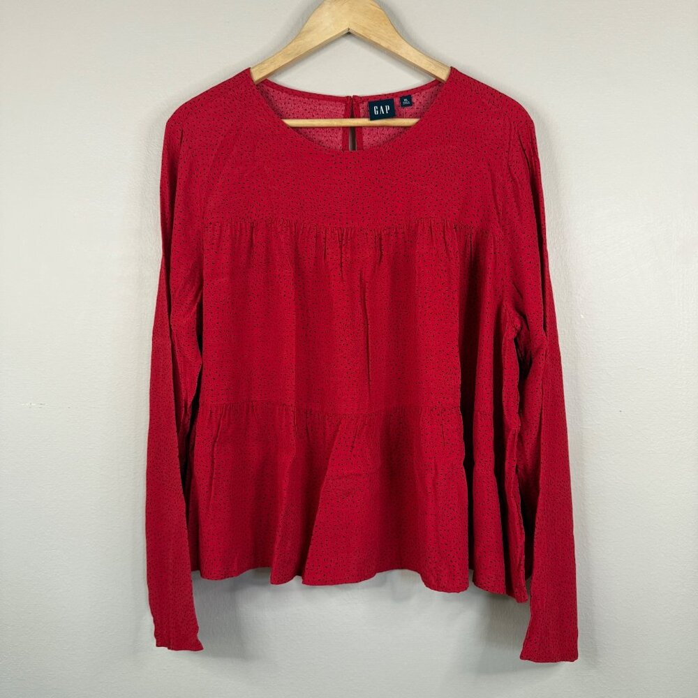 Gap Long Sleeve Tiered Women's Red Blouse With Black Dash Print Size S